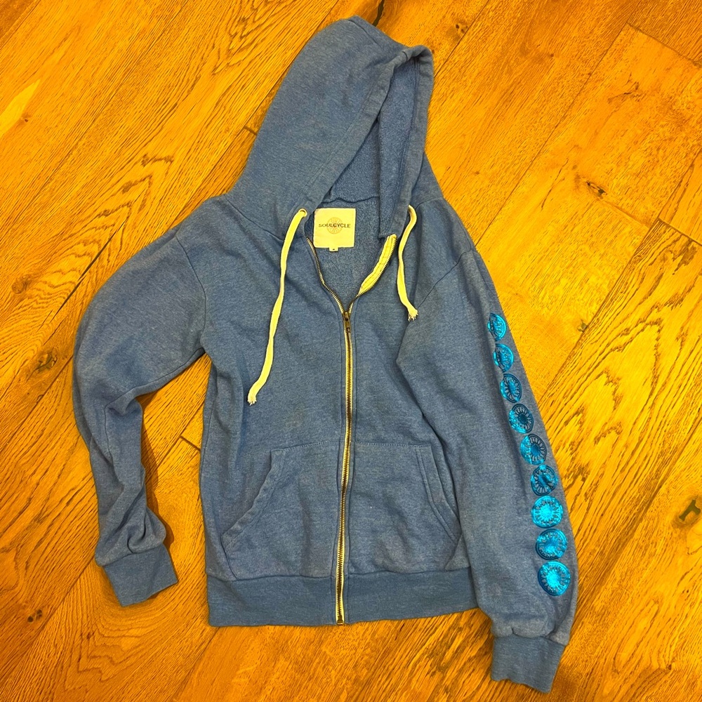 Soul Cycle zip up rhythm nation hoodie, blue with metallic writing, size medium